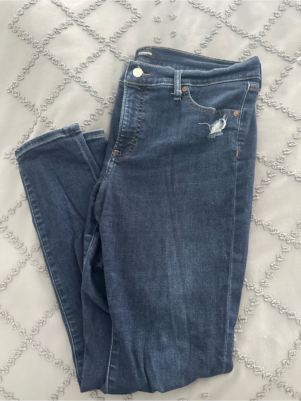 Express Dark Blue Skinny Mid-Rise Jeans with Subtle Distress